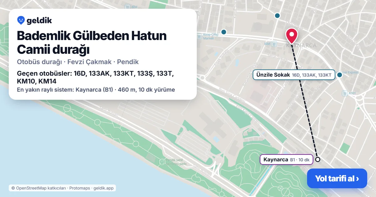 Bademlik Gülbeden Hatun Camii otobüs durağı haritada: konumu ve yakındaki duraklar