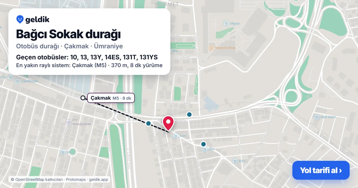 Bağcı Sokak otobüs durağı haritada: konumu ve yakındaki duraklar