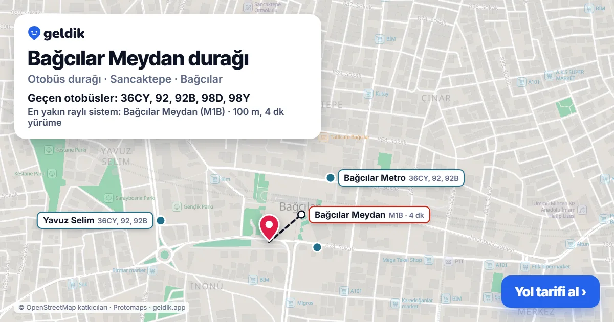Bağcılar Meydan otobüs durağı haritada: konumu ve yakındaki duraklar