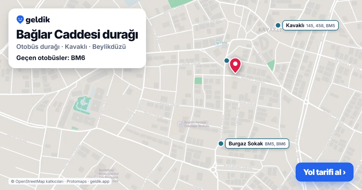Bağlar Caddesi otobüs durağı haritada: konumu ve yakındaki duraklar