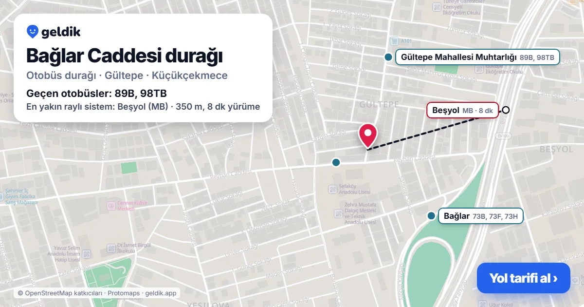 Bağlar Caddesi otobüs durağı haritada: konumu ve yakındaki duraklar