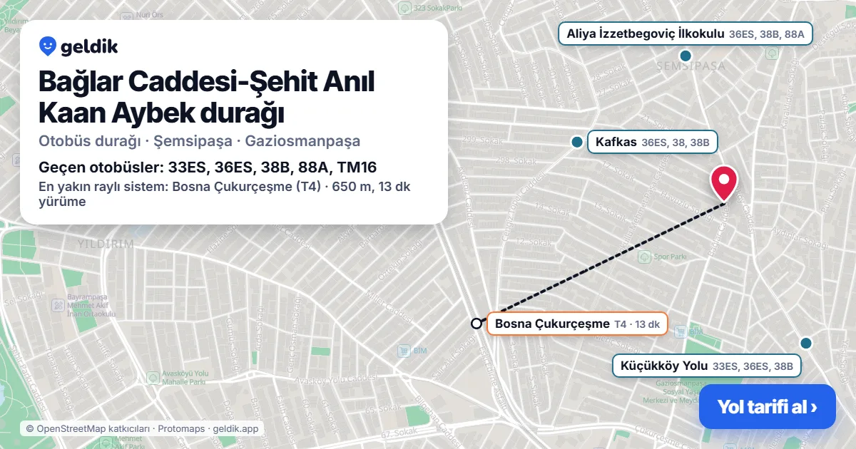 Bağlar Caddesi-Şehit Anıl Kaan Aybek otobüs durağı haritada: konumu ve yakındaki duraklar