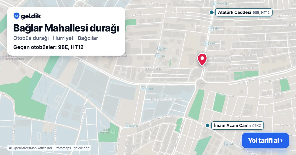 Bağlar Mahallesi otobüs durağı haritada: konumu ve yakındaki duraklar