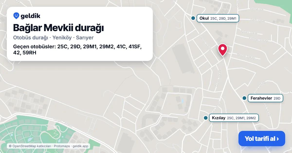 Bağlar Mevkii otobüs durağı haritada: konumu ve yakındaki duraklar