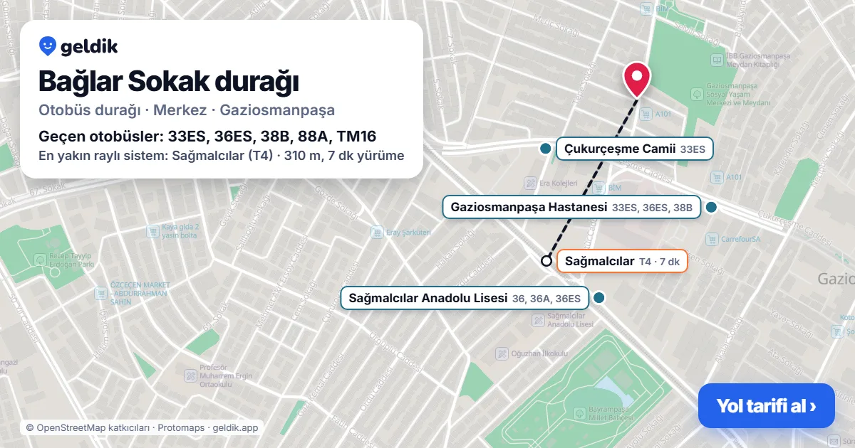 Bağlar Sokak otobüs durağı haritada: konumu ve yakındaki duraklar