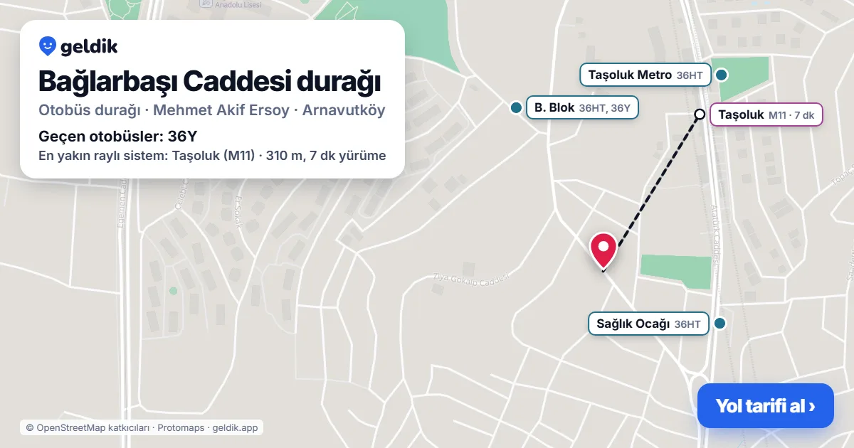 Bağlarbaşı Caddesi otobüs durağı haritada: konumu ve yakındaki duraklar