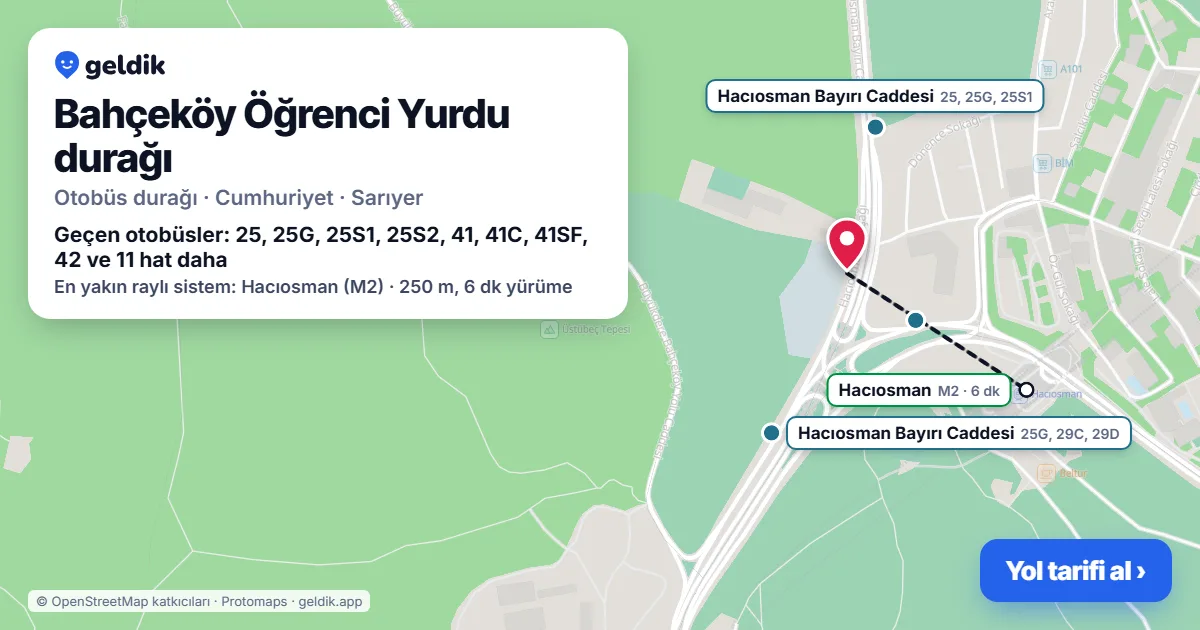 Bahçeköy Öğrenci Yurdu otobüs durağı haritada: konumu ve yakındaki duraklar
