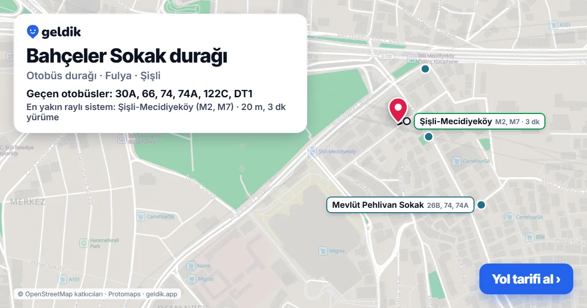 Bahçeler Sokak otobüs durağı haritada: konumu ve yakındaki duraklar