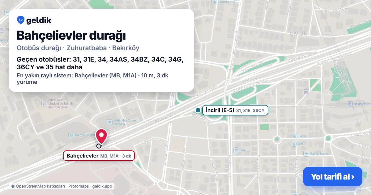 Bahçelievler otobüs durağı haritada: konumu ve yakındaki duraklar