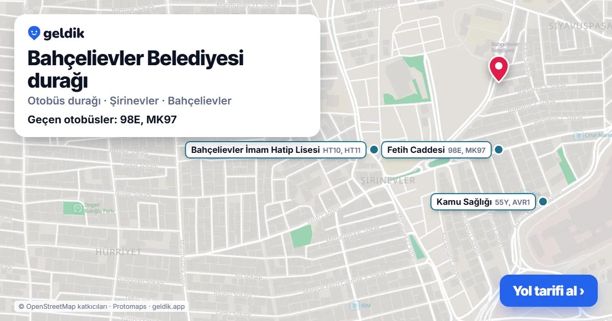 Bahçelievler Belediyesi otobüs durağı haritada: konumu ve yakındaki duraklar