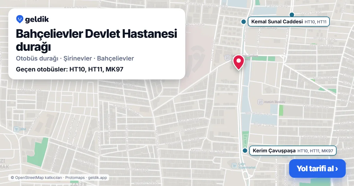 Bahçelievler Devlet Hastanesi otobüs durağı haritada: konumu ve yakındaki duraklar