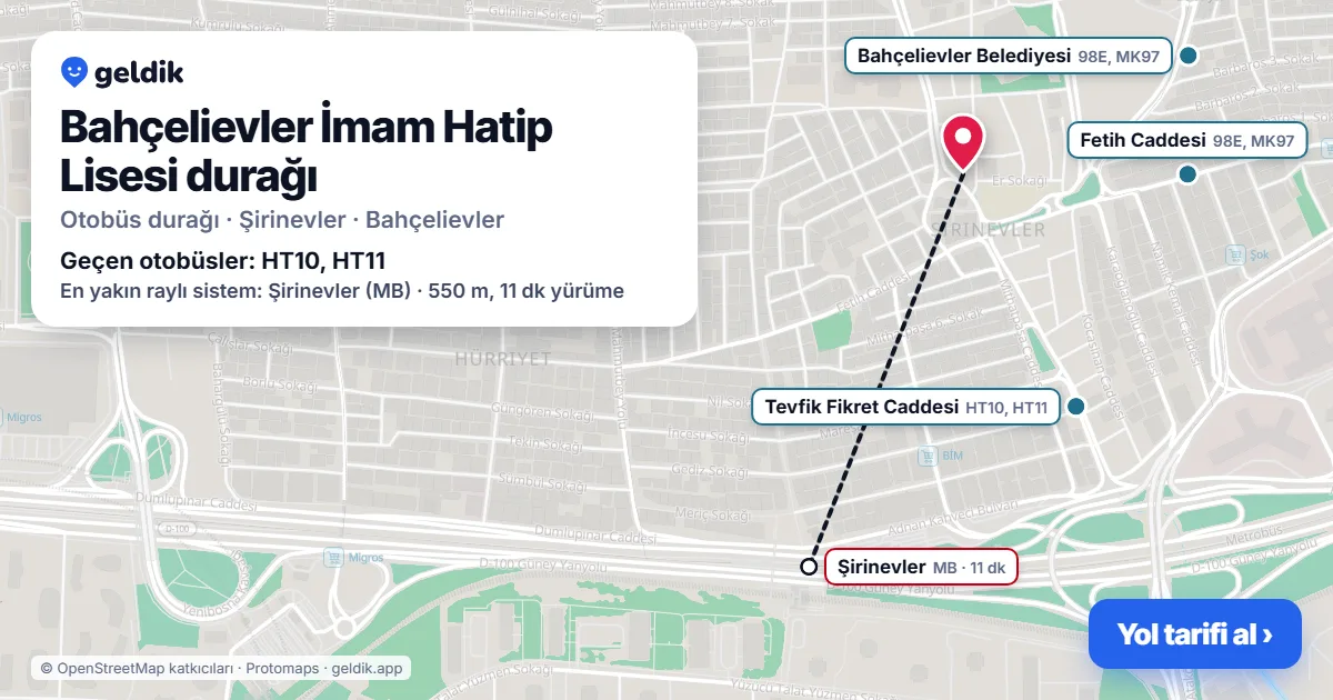 Bahçelievler İmam Hatip Lisesi otobüs durağı haritada: konumu ve yakındaki duraklar
