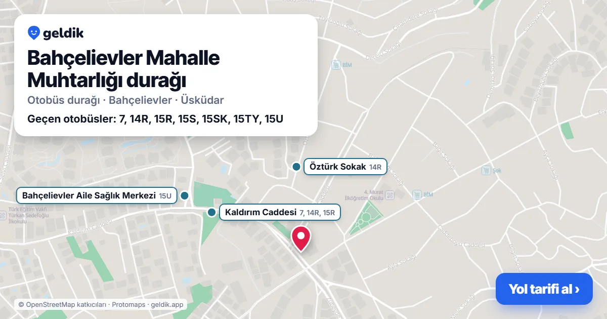 Bahçelievler Mahalle Muhtarlığı otobüs durağı haritada: konumu ve yakındaki duraklar