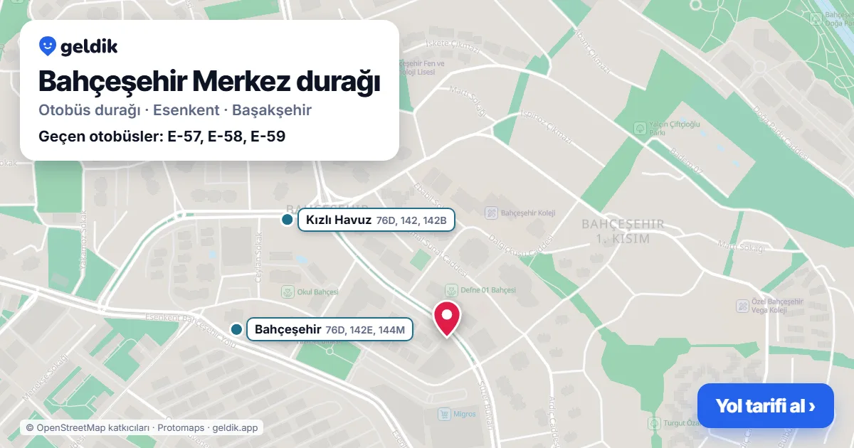Bahçeşehir Merkez otobüs durağı haritada: konumu ve yakındaki duraklar