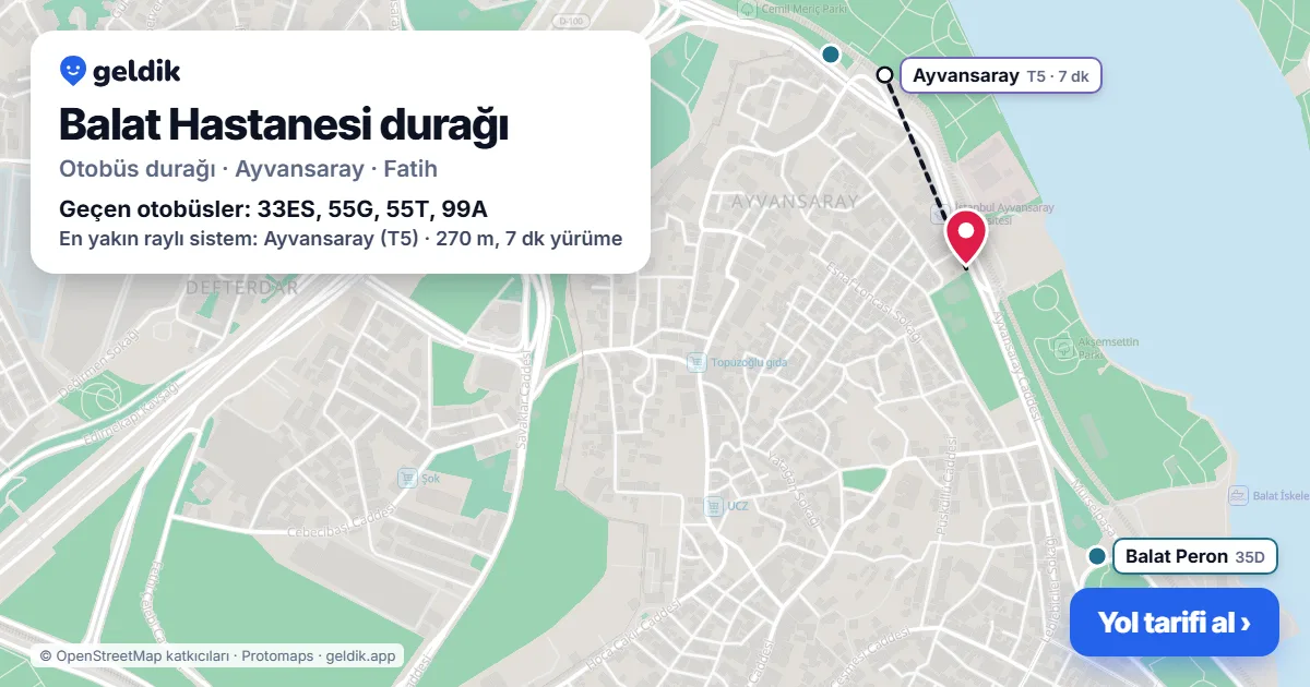 Balat Hastanesi otobüs durağı haritada: konumu ve yakındaki duraklar