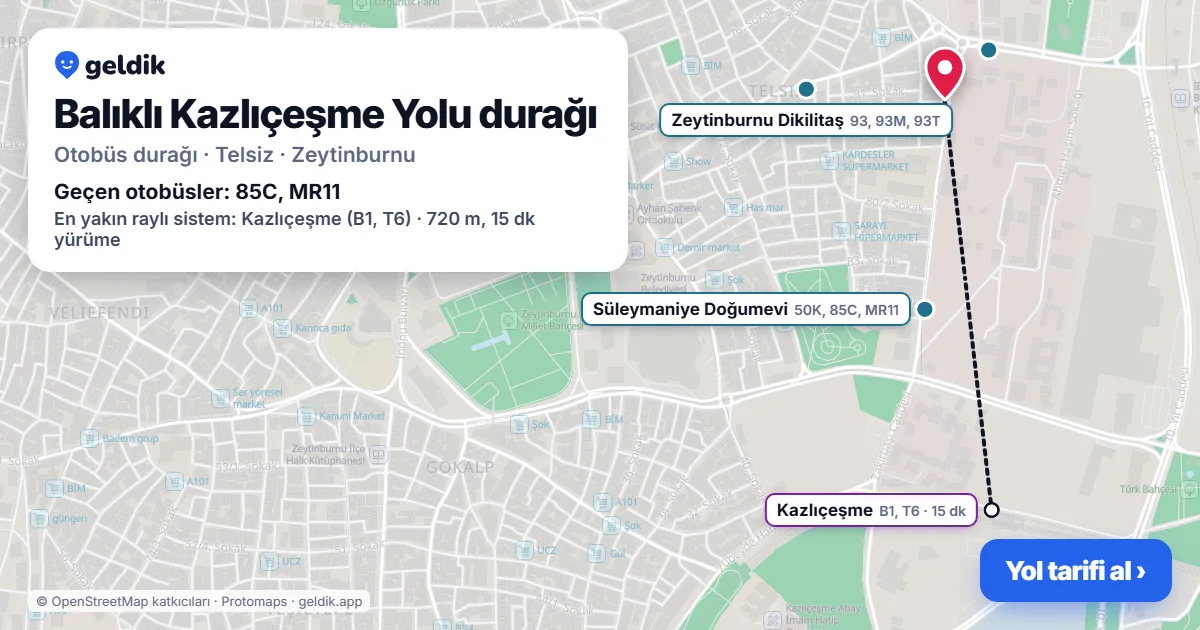Balıklı Kazlıçeşme Yolu otobüs durağı haritada: konumu ve yakındaki duraklar