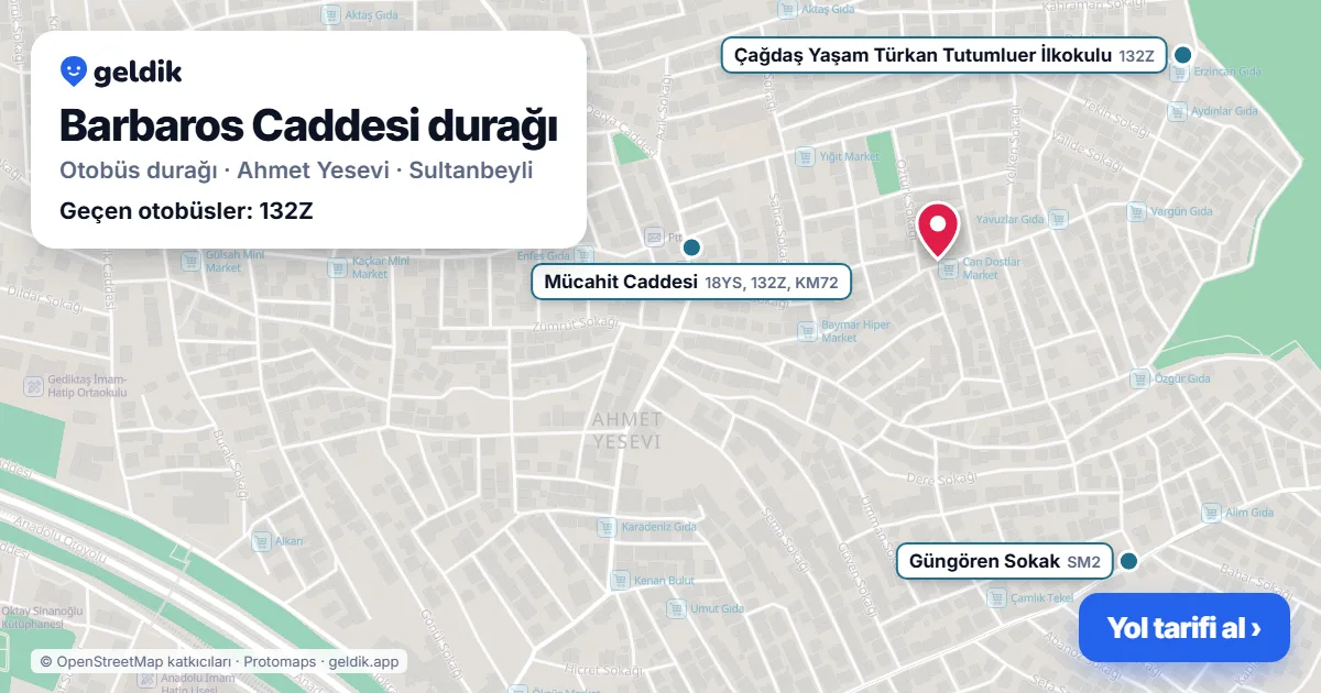 Barbaros Caddesi otobüs durağı haritada: konumu ve yakındaki duraklar
