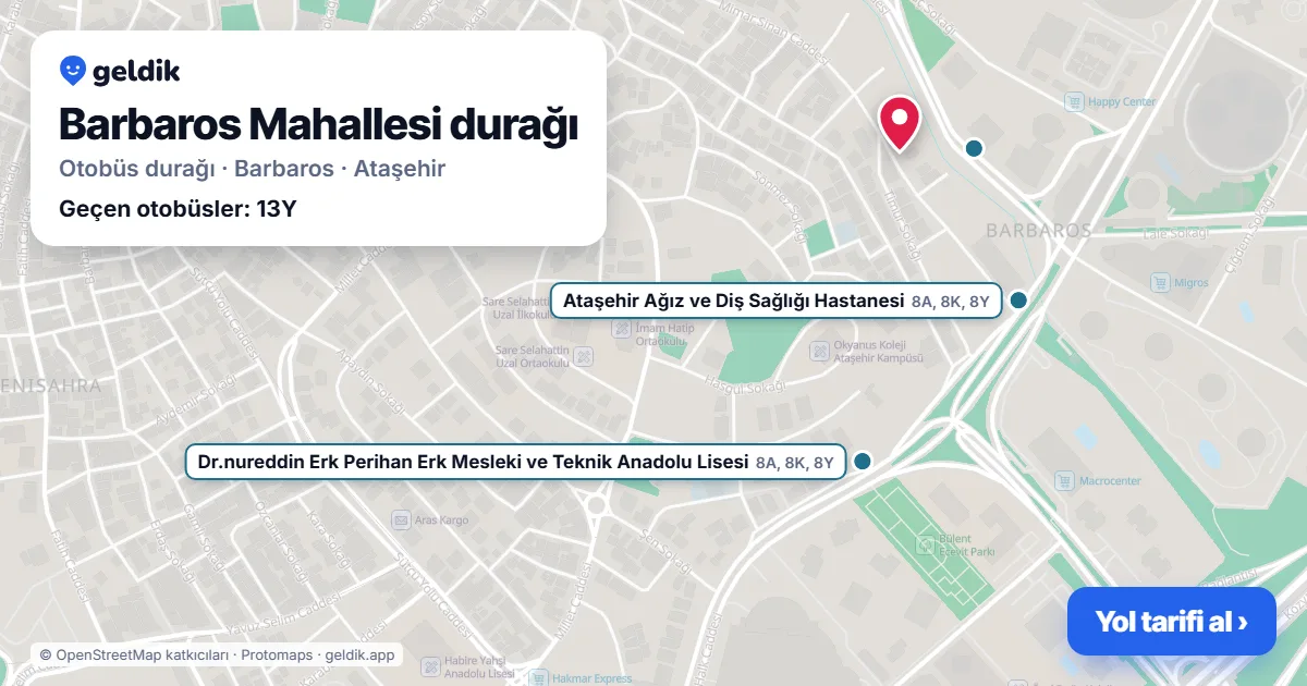Barbaros Mahallesi otobüs durağı haritada: konumu ve yakındaki duraklar