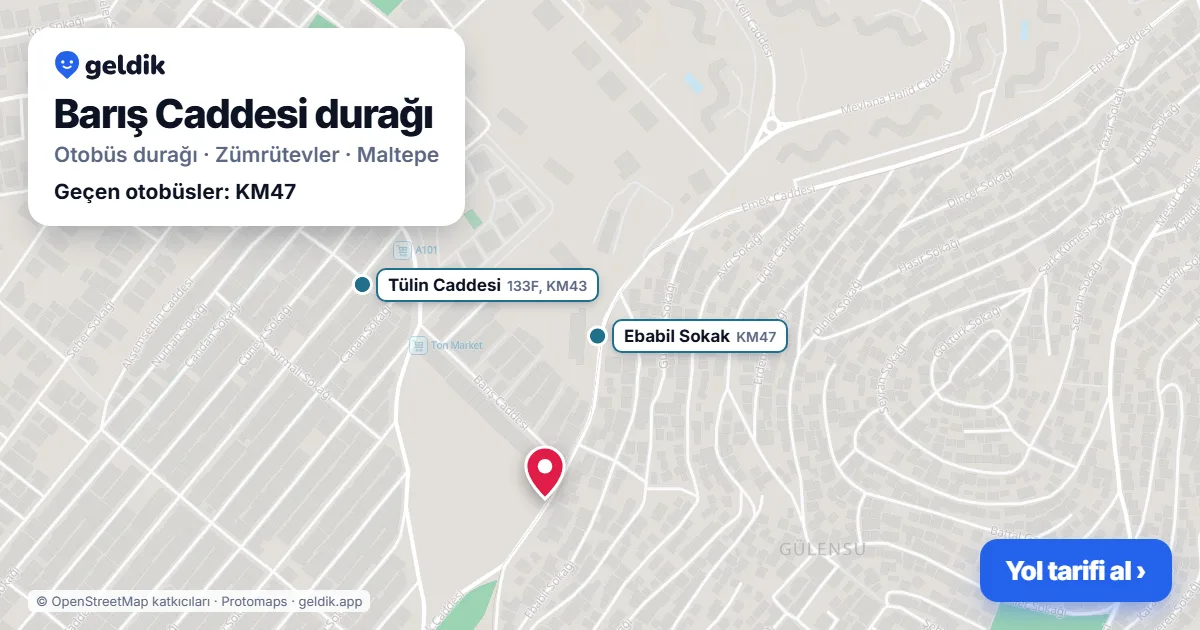Barış Caddesi otobüs durağı haritada: konumu ve yakındaki duraklar