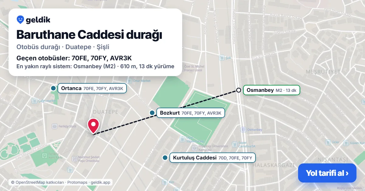 Baruthane Caddesi otobüs durağı haritada: konumu ve yakındaki duraklar