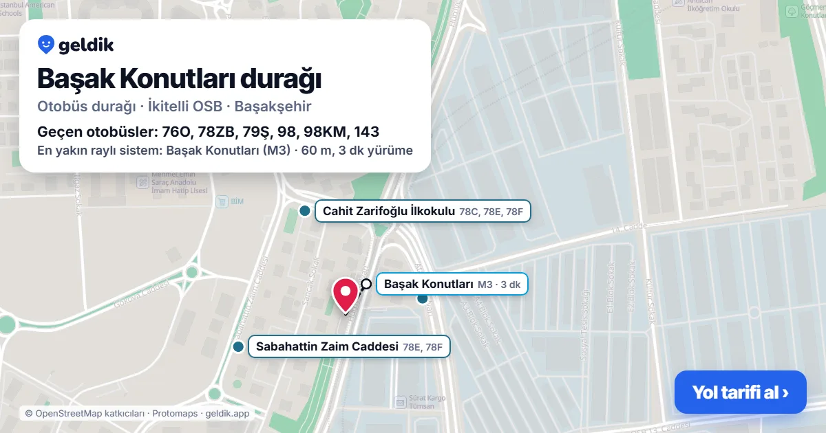 Başak Konutları otobüs durağı haritada: konumu ve yakındaki duraklar