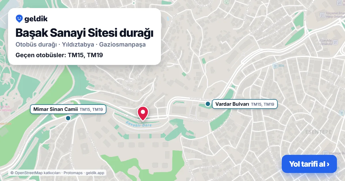 Başak Sanayi Sitesi otobüs durağı haritada: konumu ve yakındaki duraklar