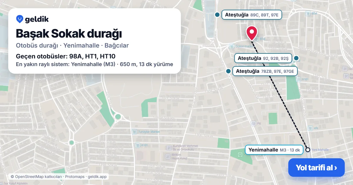Başak Sokak otobüs durağı haritada: konumu ve yakındaki duraklar
