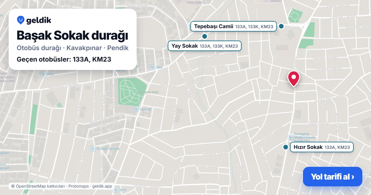 Başak Sokak otobüs durağı haritada: konumu ve yakındaki duraklar