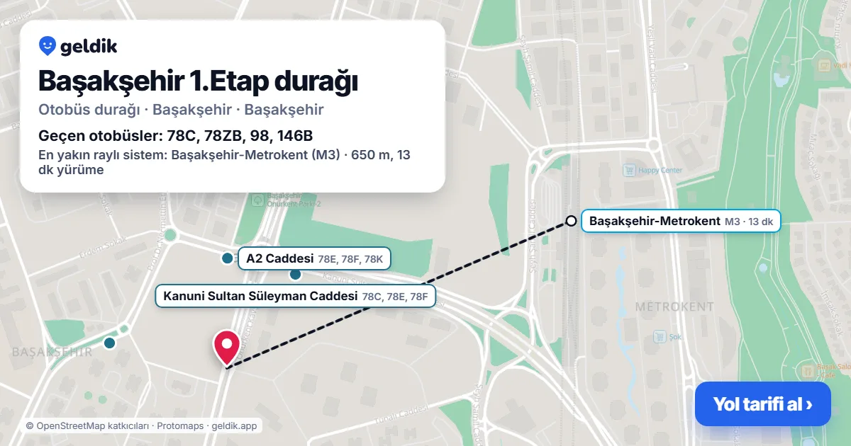 Başakşehir 1.Etap otobüs durağı haritada: konumu ve yakındaki duraklar