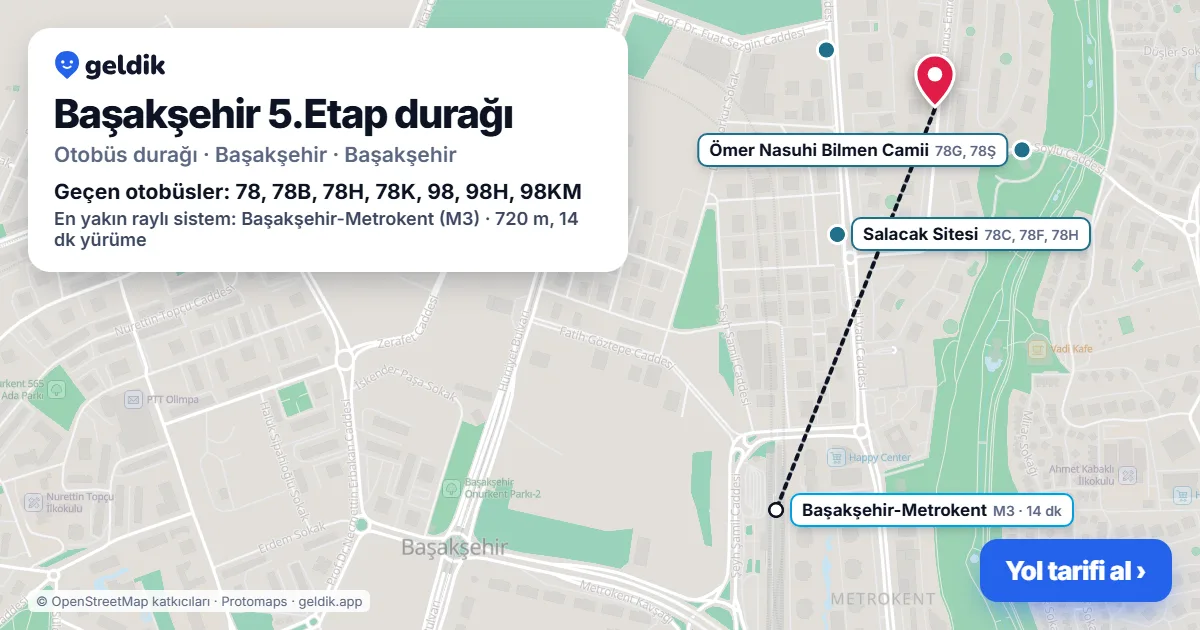 Başakşehir 5.Etap otobüs durağı haritada: konumu ve yakındaki duraklar