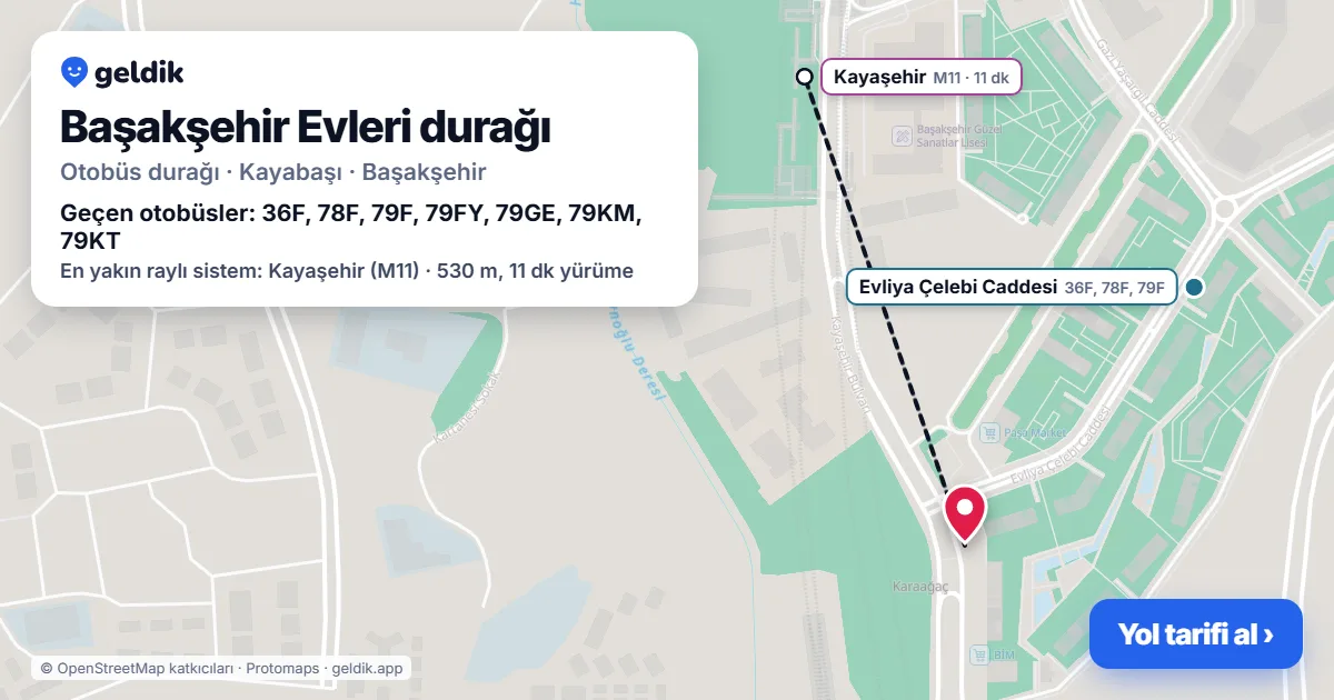 Başakşehir Evleri otobüs durağı haritada: konumu ve yakındaki duraklar