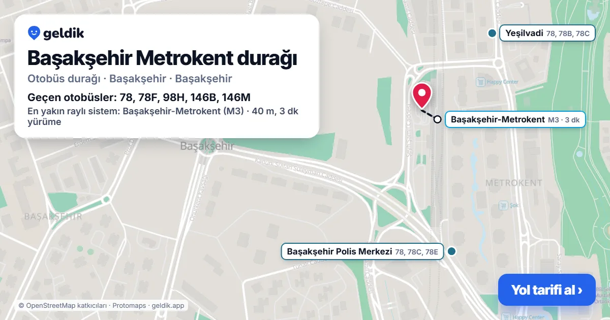 Başakşehir Metrokent otobüs durağı haritada: konumu ve yakındaki duraklar
