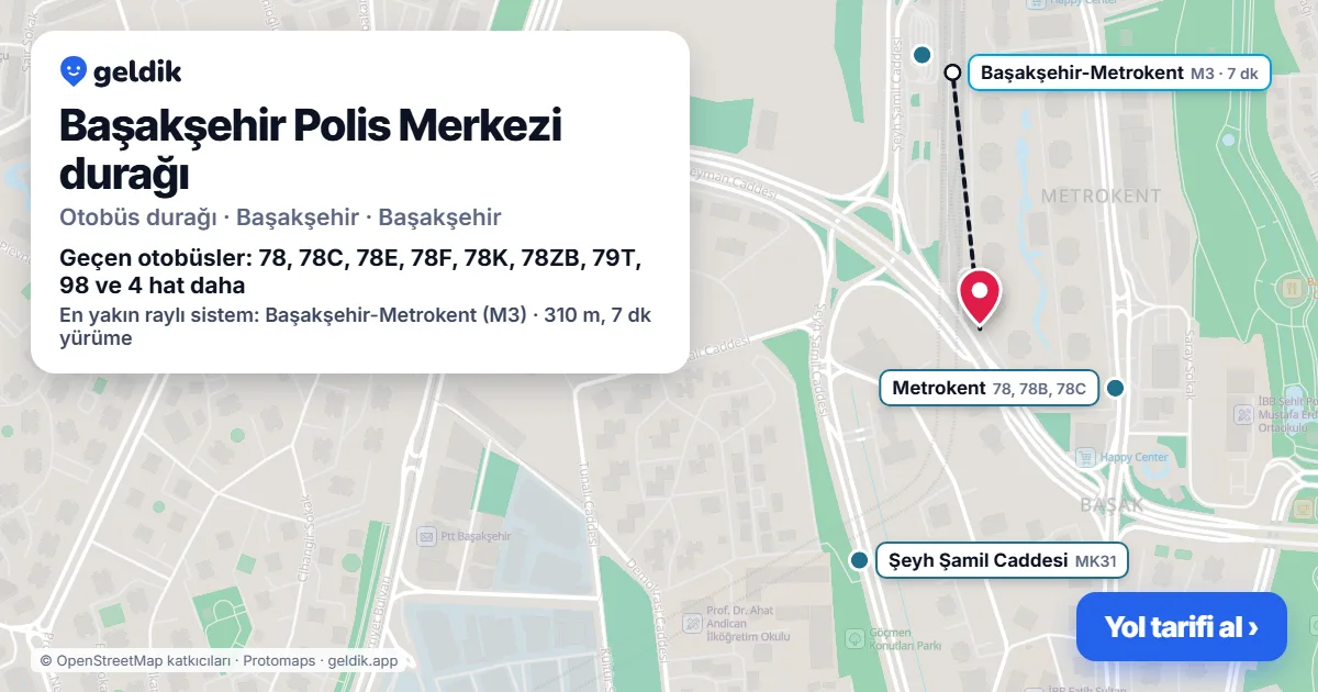 Başakşehir Polis Merkezi otobüs durağı haritada: konumu ve yakındaki duraklar