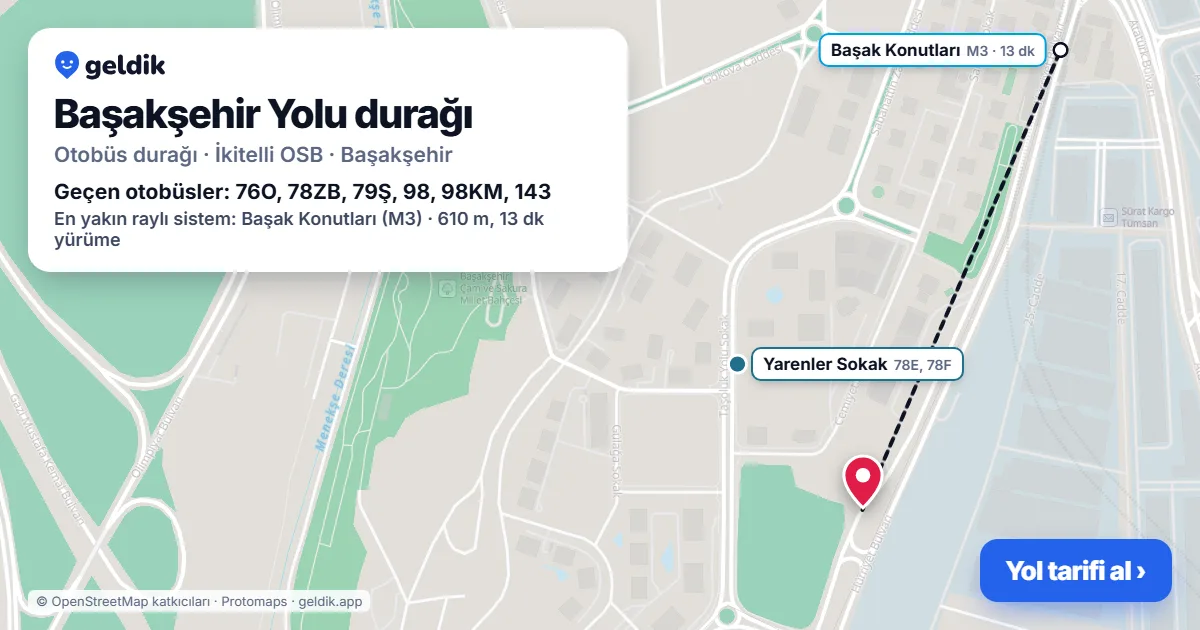 Başakşehir Yolu otobüs durağı haritada: konumu ve yakındaki duraklar