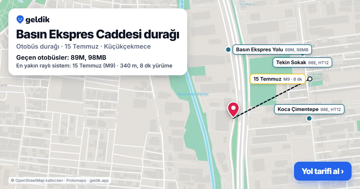 Basın Ekspres Caddesi otobüs durağı haritada: konumu ve yakındaki duraklar