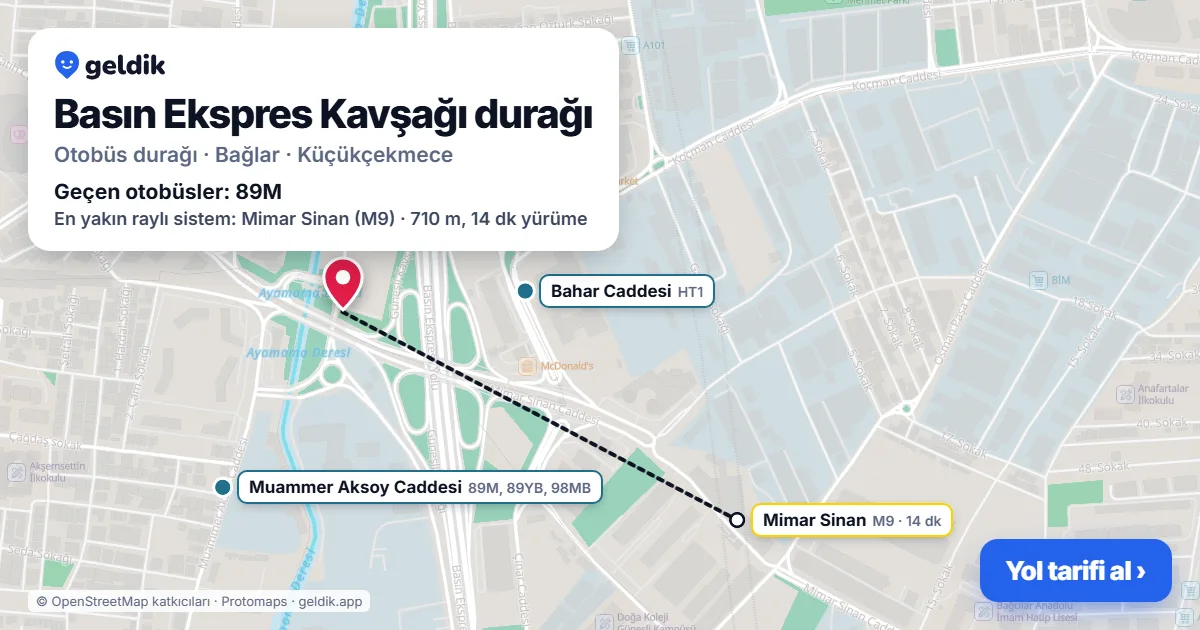 Basın Ekspres Kavşağı otobüs durağı haritada: konumu ve yakındaki duraklar