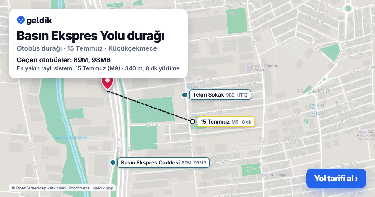 Basın Ekspres Yolu otobüs durağı haritada: konumu ve yakındaki duraklar