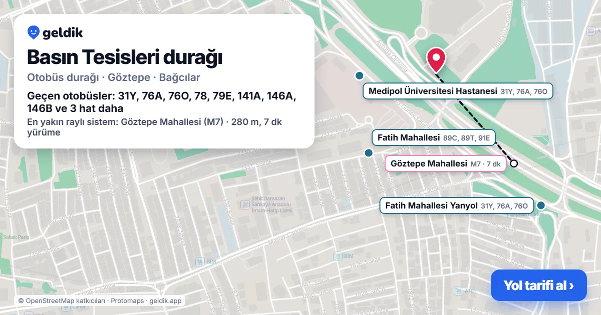 Basın Tesisleri otobüs durağı haritada: konumu ve yakındaki duraklar
