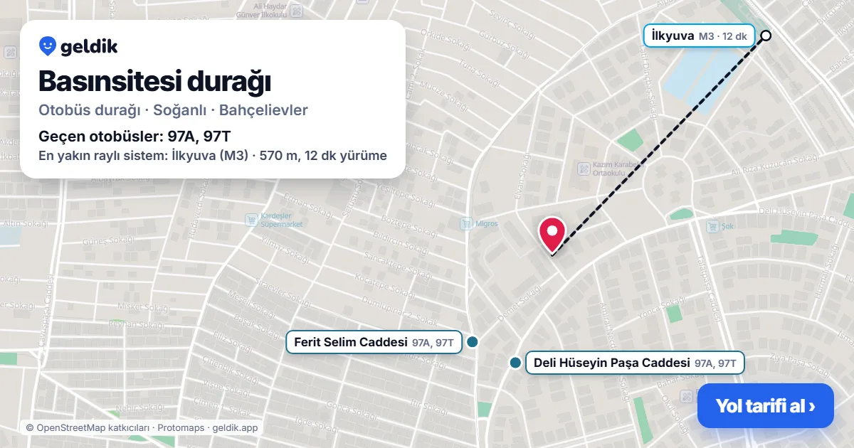 Basınsitesi otobüs durağı haritada: konumu ve yakındaki duraklar