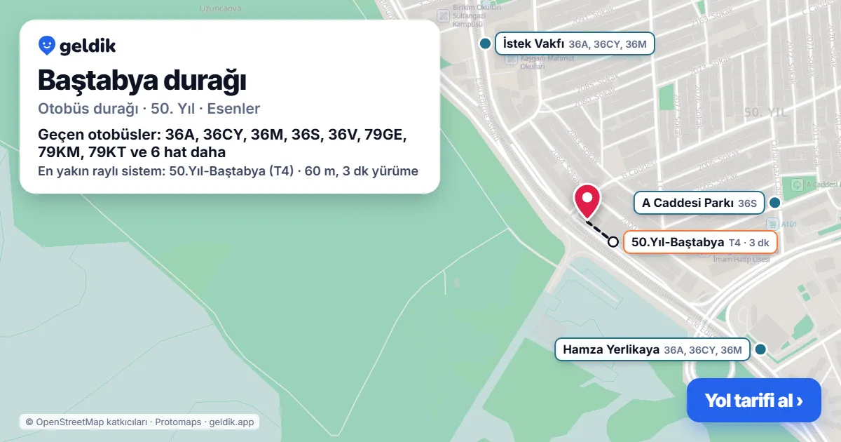Baştabya otobüs durağı haritada: konumu ve yakındaki duraklar