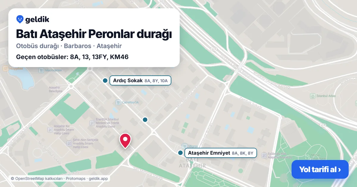Batı Ataşehir Peronlar otobüs durağı haritada: konumu ve yakındaki duraklar