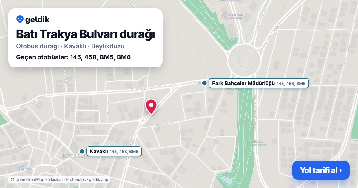 Batı Trakya Bulvarı otobüs durağı haritada: konumu ve yakındaki duraklar