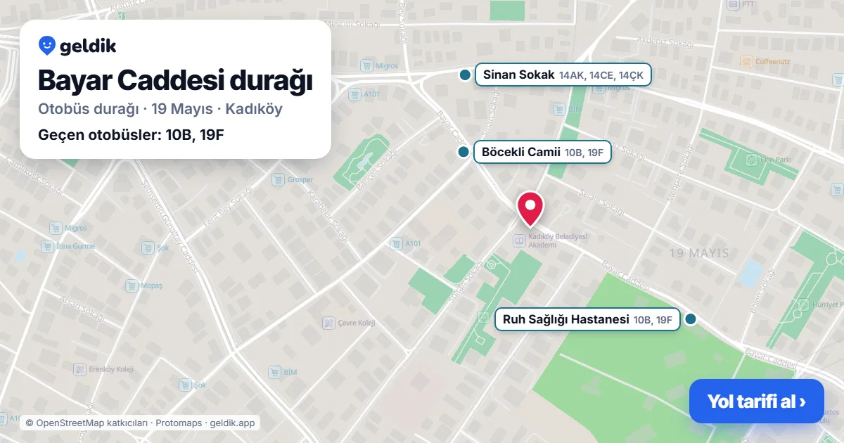 Bayar Caddesi otobüs durağı haritada: konumu ve yakındaki duraklar