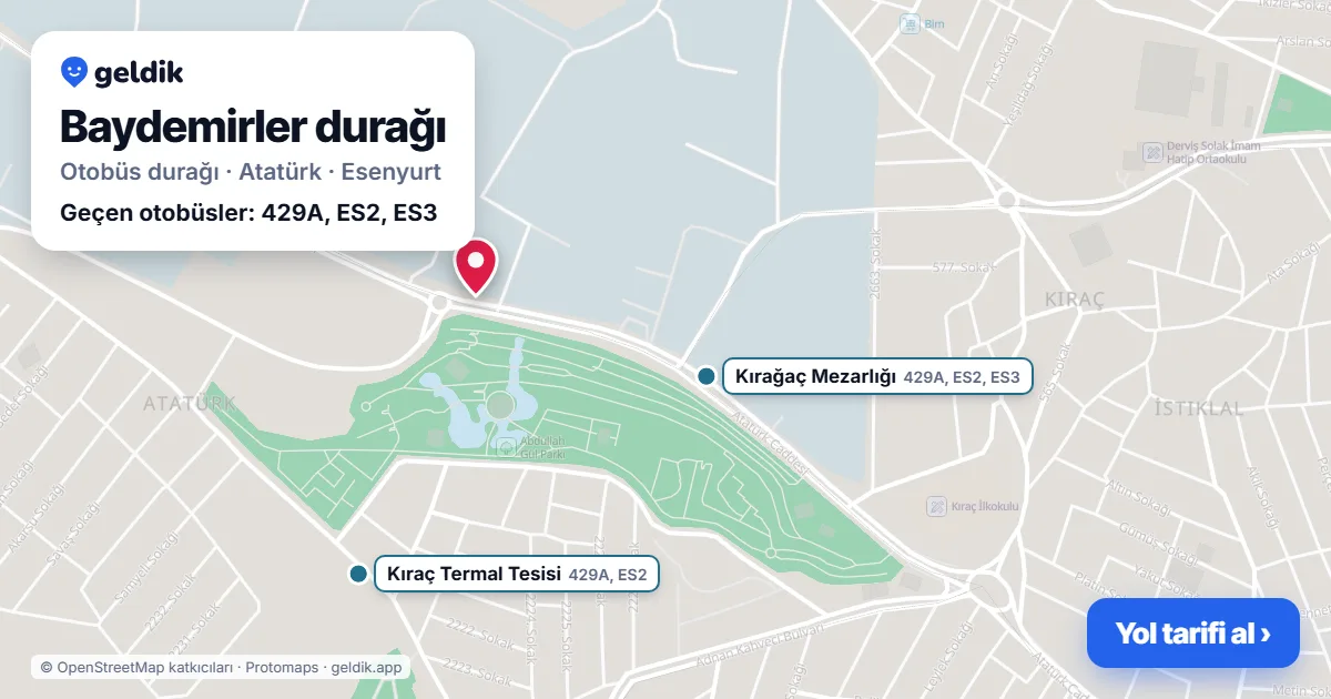Baydemirler otobüs durağı haritada: konumu ve yakındaki duraklar