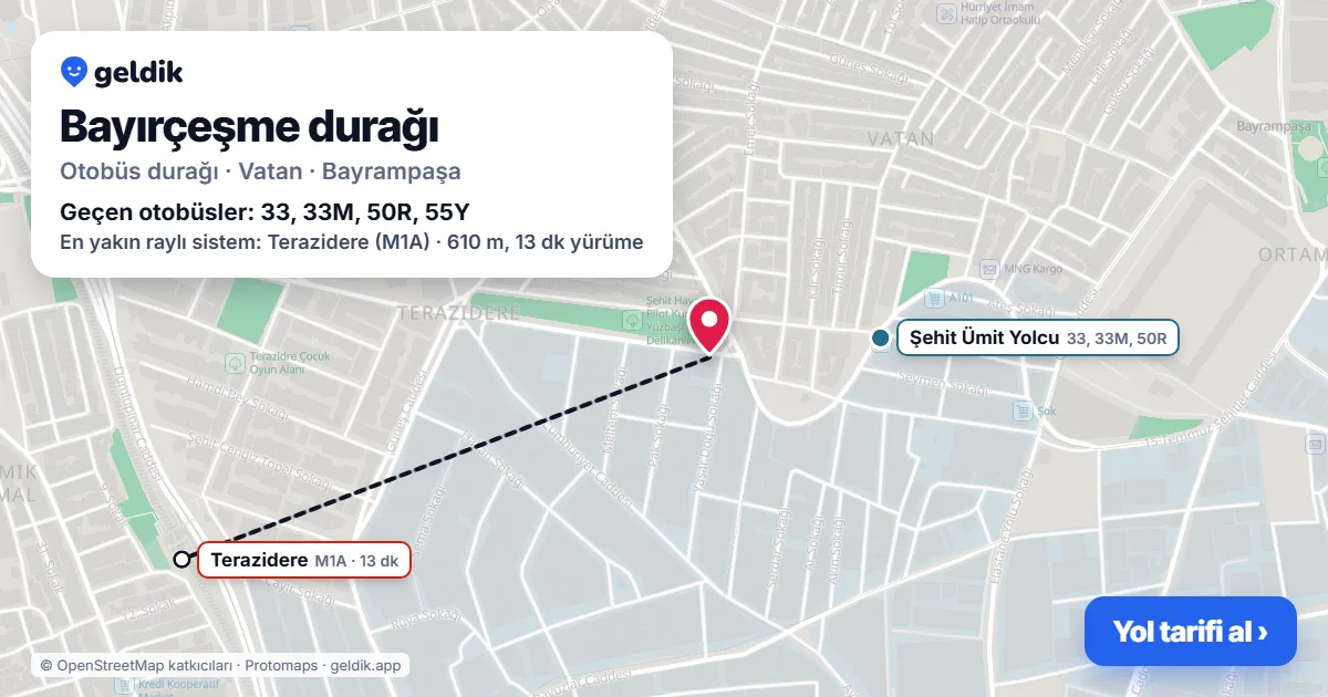 Bayırçeşme otobüs durağı haritada: konumu ve yakındaki duraklar