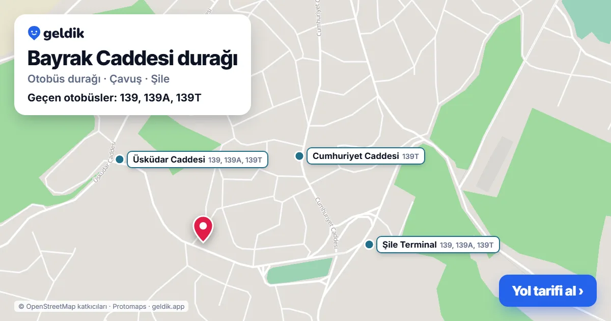 Bayrak Caddesi otobüs durağı haritada: konumu ve yakındaki duraklar
