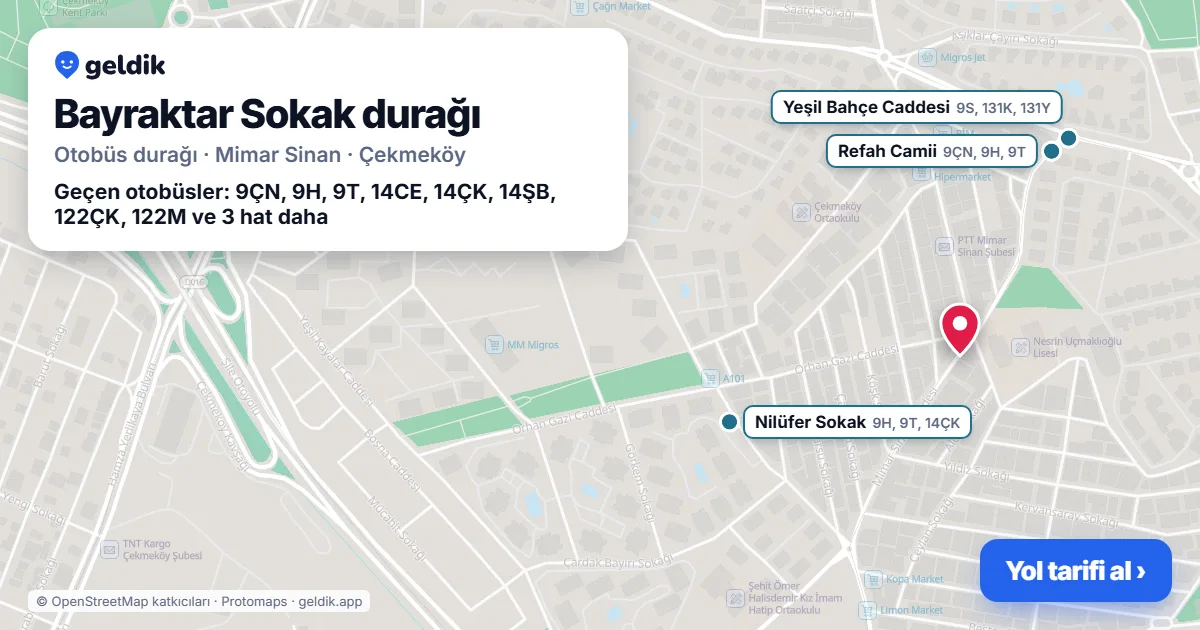 Bayraktar Sokak otobüs durağı haritada: konumu ve yakındaki duraklar