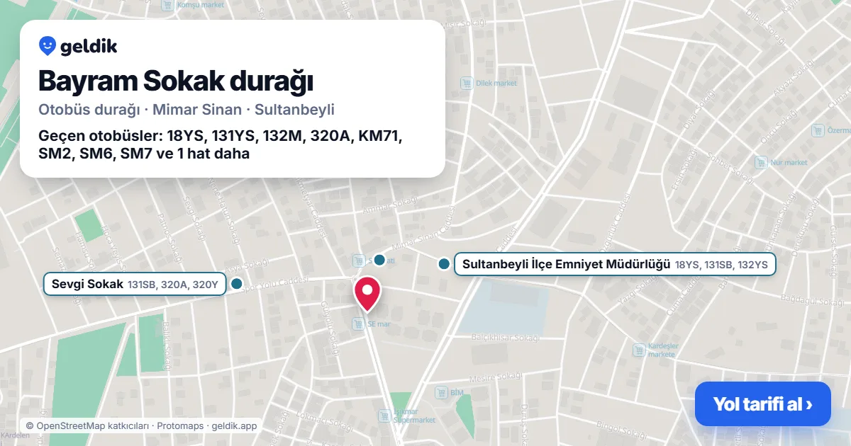 Bayram Sokak otobüs durağı haritada: konumu ve yakındaki duraklar