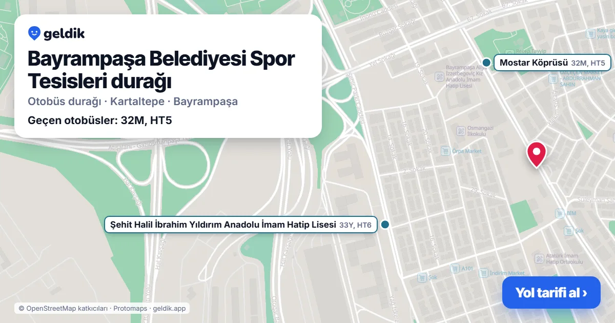 Bayrampaşa Belediyesi Spor Tesisleri otobüs durağı haritada: konumu ve yakındaki duraklar