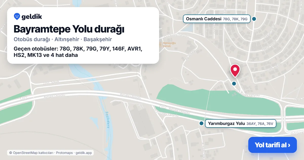 Bayramtepe Yolu otobüs durağı haritada: konumu ve yakındaki duraklar